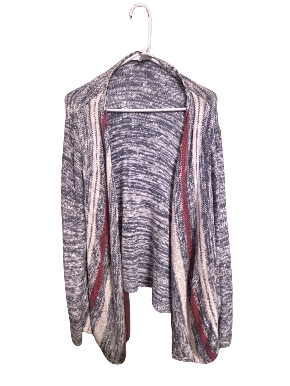 J. Jill Open-Front Marled Gray Open Cardigan with Red and Cream Stripes